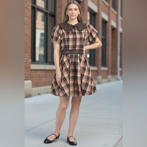Ivy City Co Brown Plaid Dress sz M Celine Fit and Flare Faux Leather Trim